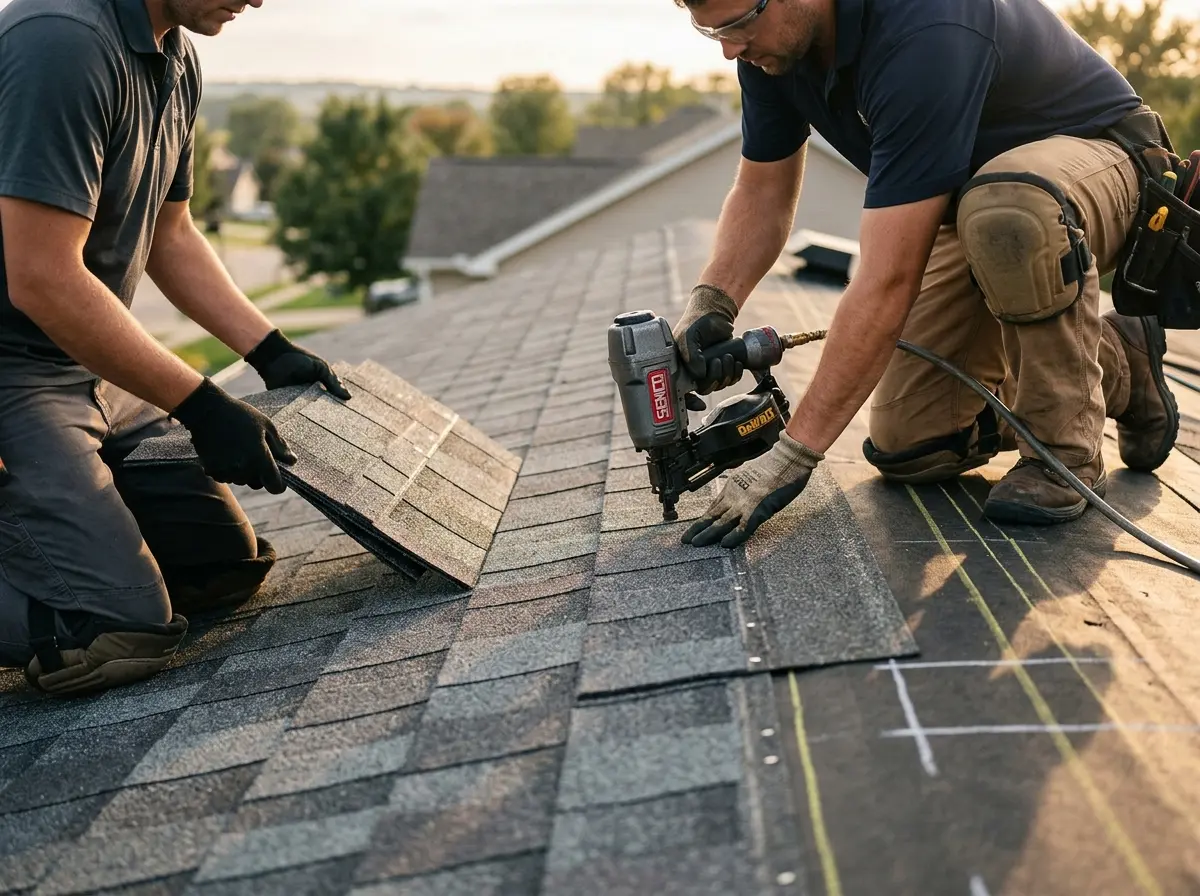 Professional roofer working on a residential roof in Mineola